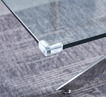 Luxury Silver Glass Dining Table for 4 Modern 51" Rectangular Kitchen & Dining Room Table with X-Shape Stainless Steel Base Large Clear Glass Top Dining Table for Home Office