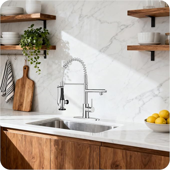 Kitchen Faucet with Pull Down Sprayer - Chrome Single Handle Commercial Kitchen Faucets, 2-Spout Stainless Steel Spring Pull Out Kitchen Sink Faucet 1/3 Hole with Deck Plate