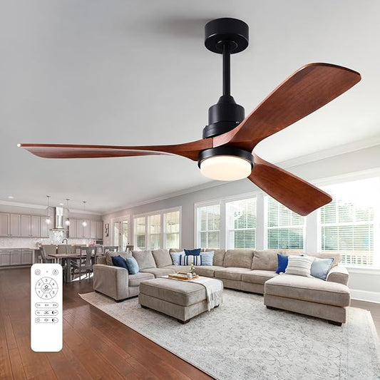 52 Inch Ceiling Fans with Lights and Remote, Quiet Reversible DC Motor and 3 Color Dimmable Light, 3 Blades 6 Speed Wood Ceiling Fan for Farmhouse Living Room Bedroom Dining Room Workroom Study