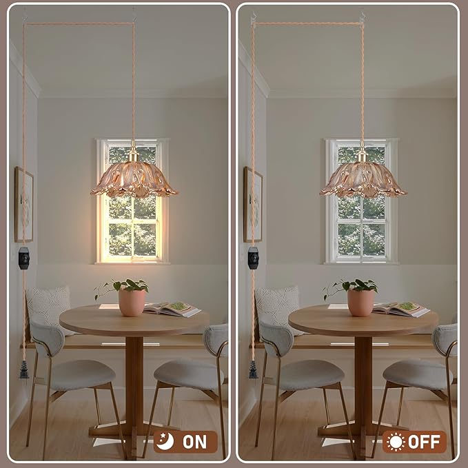 Plug in Pendant Light Fixtures,Hanging Light Fixture Amber Glass Pendant Light 10.6in E26 Pendant Lighting for Kitchen Island, Bedroom, Dining Room, Living Room