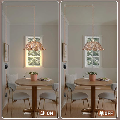 Plug in Pendant Light Fixtures,Hanging Light Fixture Amber Glass Pendant Light 10.6in E26 Pendant Lighting for Kitchen Island, Bedroom, Dining Room, Living Room