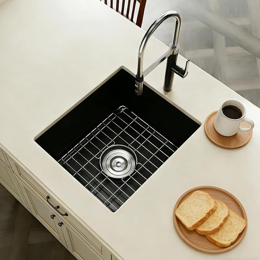 Black Bar Sink Undermount,15 X 17 inch Small Composite Bar Sink,Granite Kitchen & Bar Sinks (Black, 15" X 17")