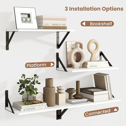 Axeman White Floating Shelves for Wall, 8 Inch Deep Wall Shelves Set of 2, 16''W x 8''D White Wood Shelves for Bookshelf Living Room Bedroom Home Office Bathroom