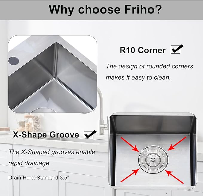 Friho 15x15 Inch Drop in Bar Sink, Top mount Small Kitchen Sink, 16 Gauge Handmade T-304 Stainless Steel Square Single Bowl Sink for RV Wet Bar Prep RV Outdoor with Accessories