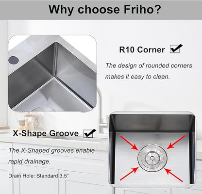 Friho 15x15 Inch Drop in Bar Sink, Top mount Small Kitchen Sink, 16 Gauge Handmade T-304 Stainless Steel Square Single Bowl Sink for RV Wet Bar Prep RV Outdoor with Accessories