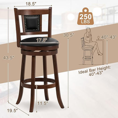 ERGOMASTER Set of 4 Swivel Bar Stools 30.5 Inch Height - 360° Rotating PU Leather Counter Stools with Backrest & Footrest, Brown Tobacco Wood Kitchen Island Stools, 250 lbs Capacity