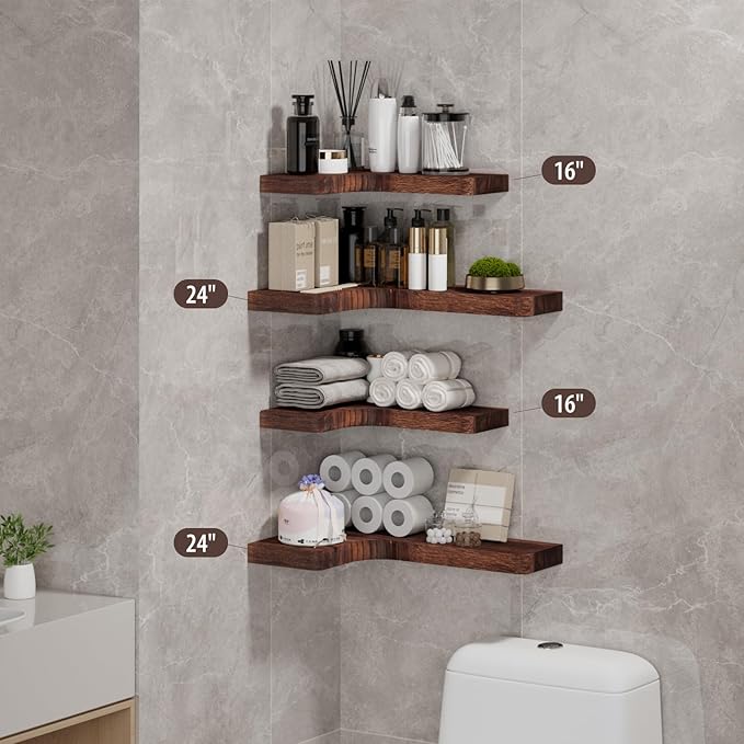 SAUMONIERES Corner Floating Shelves 24 Inch Wall Mount Shelf Solid Wood for Bedroom Bathroom Kitchen Storage Set of 2, Rustic Brown