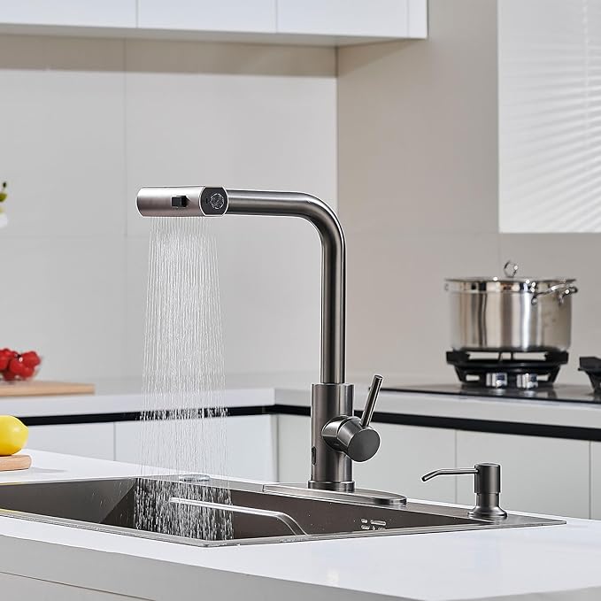 AVSIILE Touchless Kitchen Faucets with Pull Down Sprayer & Soap Dispenser, Waterfall Single Hole & Handle, Pull Out Sink Faucet in Gray, Suitable for Farmhouse Camper Laundry Rv Bar