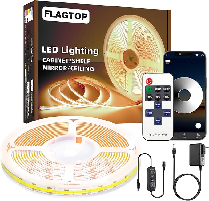 16.4ft COB Led Strip Light, Bright Led Light Strips with Remote and APP, Warm White 3000K COB Lighting Dimmable, 24v Flexible Indoor Tape Lighting for Cabinets, Shelves, Mirrors, Counters