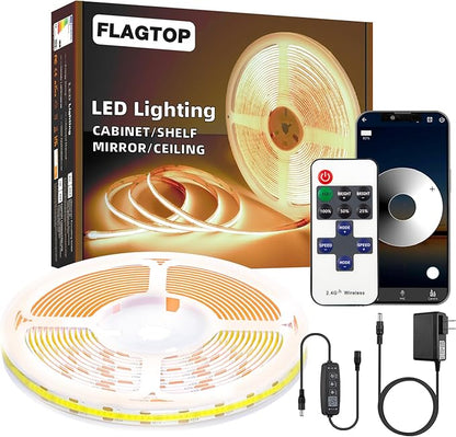 16.4ft COB Led Strip Light, Bright Led Light Strips with Remote and APP, Warm White 3000K COB Lighting Dimmable, 24v Flexible Indoor Tape Lighting for Cabinets, Shelves, Mirrors, Counters