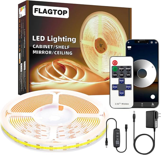 16.4ft COB Led Strip Light, Bright Led Light Strips with Remote and APP, Warm White 3000K COB Lighting Dimmable, 24v Flexible Indoor Tape Lighting for Cabinets, Shelves, Mirrors, Counters