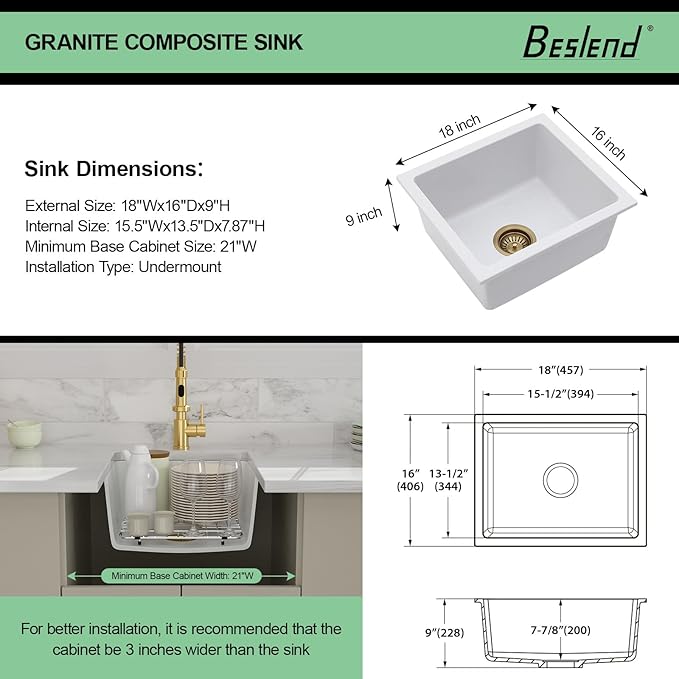 18 White Granite Composite Bar Sink - 18x16 Undermount Granite Quartz Kitchen Sink Pure White 9 Inch Depth Small Signle Bowl RV Sinks Under Counter