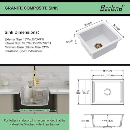 18 White Granite Composite Bar Sink - 18x16 Undermount Granite Quartz Kitchen Sink Pure White 9 Inch Depth Small Signle Bowl RV Sinks Under Counter