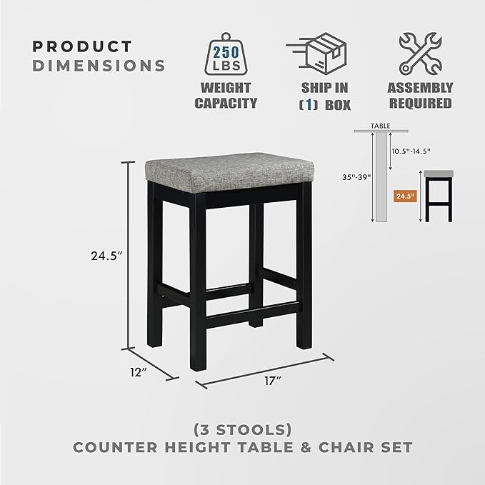 Lexicon Oreille Bar Table with Stools Set, Modern Console Table with Stools - 4-Piece Set with 2 USB Ports & A/C Power Outlets, Counter Height, Discrete Drawer, Perfect Dining Room & Kitchen Black