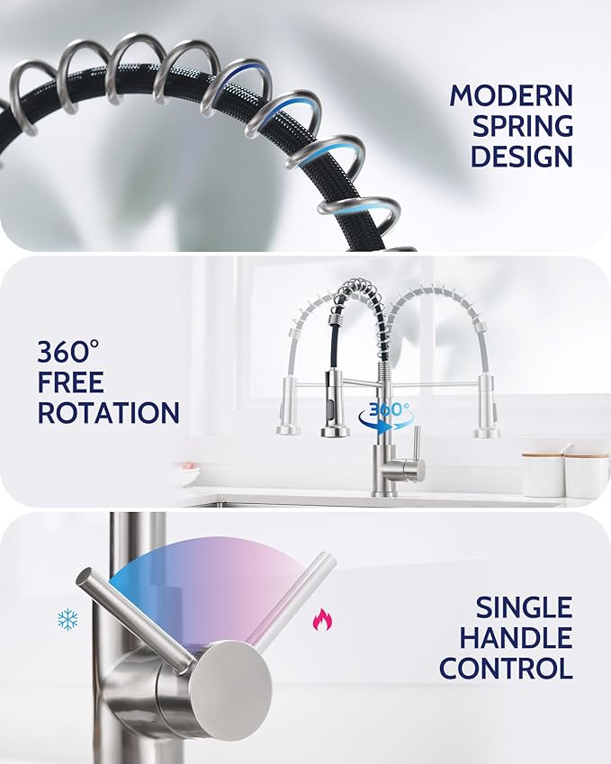LUFEIDRA Stainless Steel Kitchen Faucet with Sprayer-High Arc Dual Function Brushed Nickel Sink Faucet, Commercial Single Handle One Hole Spring Faucet for RV Farmhouse Camper Laundry Bar Sink