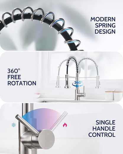 LUFEIDRA Stainless Steel Kitchen Faucet with Sprayer-High Arc Dual Function Brushed Nickel Sink Faucet, Commercial Single Handle One Hole Spring Faucet for RV Farmhouse Camper Laundry Bar Sink