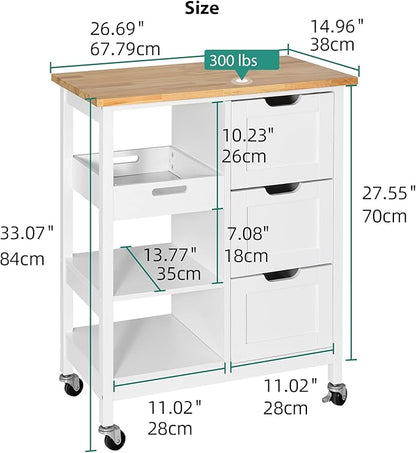 YITAHOME Small Solid Wood Top Kitchen Island Cart on Wheels with Storage, Rolling Portable Dining Room Serving Utility Carts Mobile Movable with 3 Drawers Cabinet, Oak & White