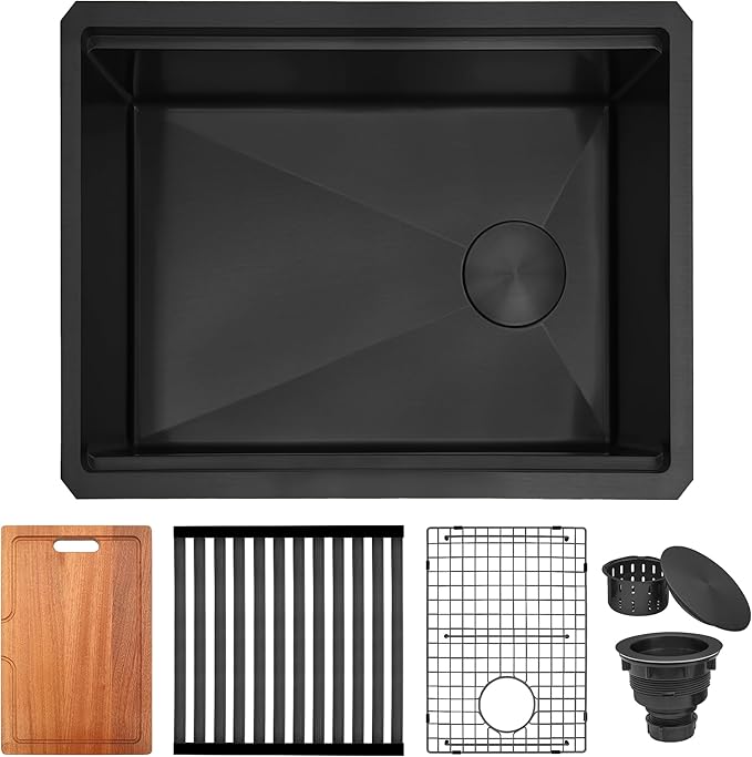 Black Undermount Kitchen Sink 23 inch,16 Gauge Stainless Steel Sinks,Single Bowl Workstation Sink,Modern Kitchen Sink Offset Drain (23" X 18")