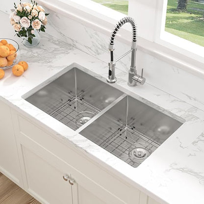 Sarlai 33 Undermount Sink Double Bowl - 33x19 Kitchen Sink Undermount Stainless Steel 16 Gauge Round Corner Double Bowl 50/50 Sink Basin