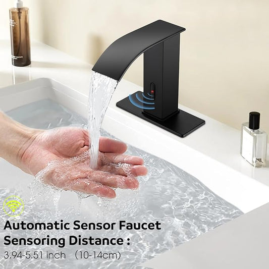 Automatic Motion Sensor Faucet with Waterfall Spout,Stainless Steel Sink Faucet with Hole Cover Plate (Regular, Black)