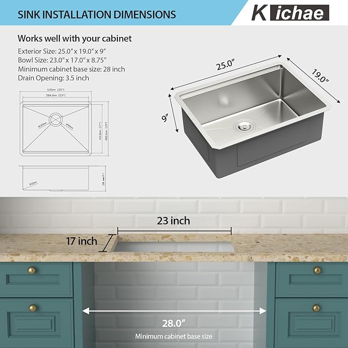Kichae 25 Undermount Kitchen Sink - 25"x19" Kitchen Sink Stainless Steel Ledge Workstation Single Bowl Under Counter All In One Deep Basin Round Corner