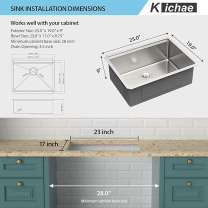 Kichae 25 Undermount Kitchen Sink - 25"x19" Kitchen Sink Stainless Steel Ledge Workstation Single Bowl Under Counter All In One Deep Basin Round Corner