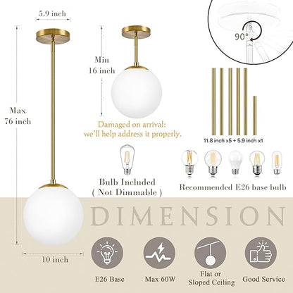 Bagood 10" Globe Pendant Light Gold 2 Pack Mid Century Pendant Light Globe Pendant Lights Kitchen Island Brushed Brass Finished with Milk Glass Adjustable Ceiling Light Fixtures for Dining Room Bar