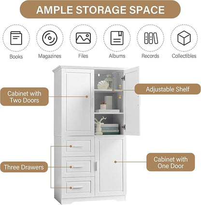 Storage Cabinet with Three Drawers and Doors, Wide Pantry Cupboard for Kitchen, Living Room and Bathroom, Adjustable Shelf, White