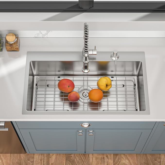 33 Inch Drop In Kitchen Sink - Mocoloo 33 x 19 Inch Stainless Steel Kitchen Sinks Topmount 16 Gauge Single Bowl Above Counter Handmade, 33''x19''x10'' Kitchen Sink Drop In with Offset Drainer