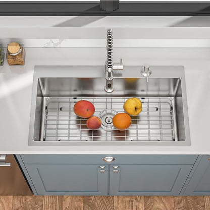 33 Inch Drop In Kitchen Sink - Mocoloo 33 x 19 Inch Stainless Steel Kitchen Sinks Topmount 16 Gauge Single Bowl Above Counter Handmade, 33''x19''x10'' Kitchen Sink Drop In with Offset Drainer