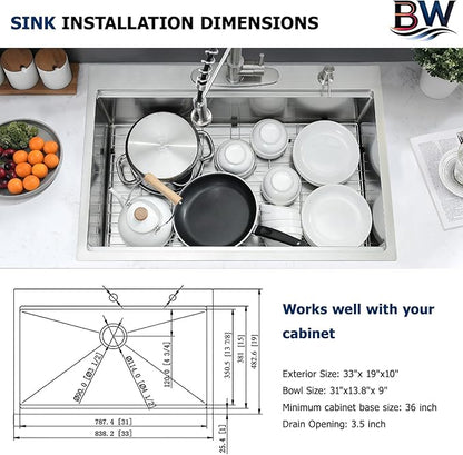 33 x 19 Drop In Kitchen Sink - 16 Gauge Stainless Steel Workstaion Kitchen Sink Handmade 10 Inch Deep Single Bowl Sinks Top Mount Easy to Clean