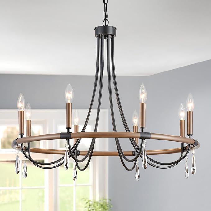WUZUPS Wagon Wheel Chandelier Rustic Farmhouse Industrial Round Pendant Light Fixture with Smoky Gray Crystal for Dining Room Kitchen Island, H 28.3" x W 30.3", E12 Base, Brown Black