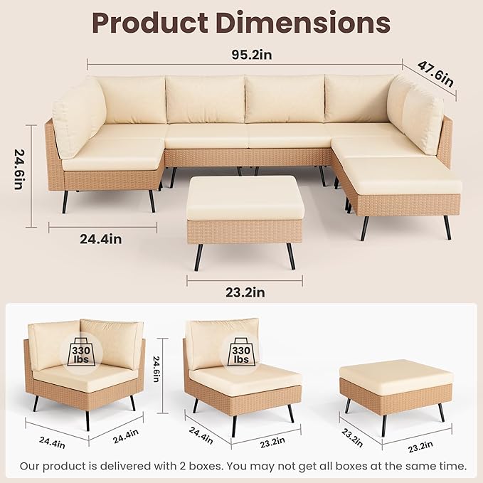 Pamapic 8-Piece Wicker Outdoor Furniture Set, All-Weather Patio Conversation Set with Thick Cushions & 2 Multi-Use Ottomans, Sectional Sofa Patio Furniture Set for Backyard, Porch, Beige