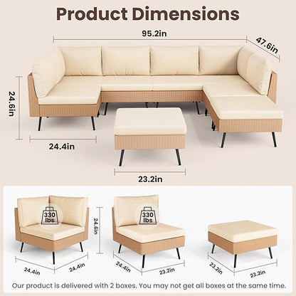 Pamapic 8-Piece Wicker Outdoor Furniture Set, All-Weather Patio Conversation Set with Thick Cushions & 2 Multi-Use Ottomans, Sectional Sofa Patio Furniture Set for Backyard, Porch, Beige