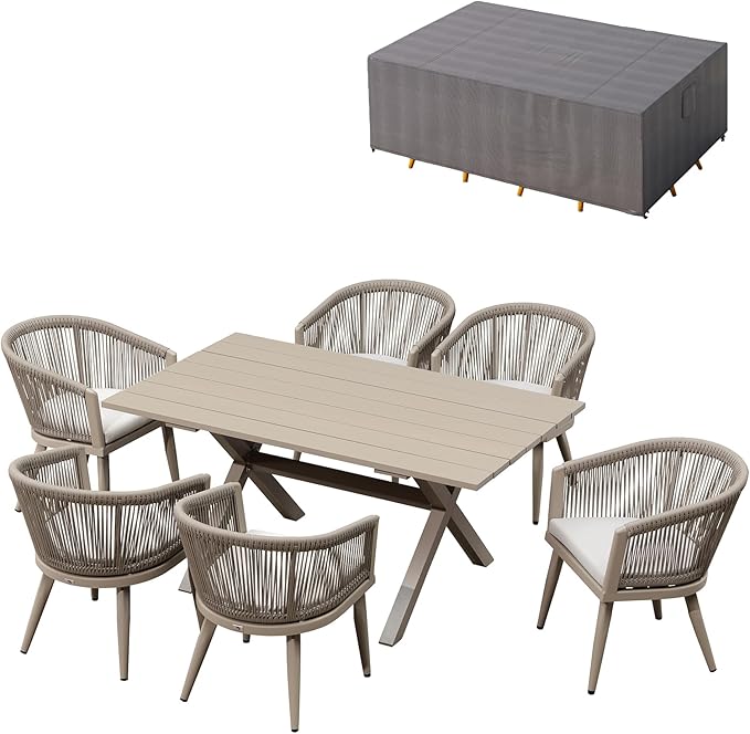 PURPLE LEAF Outdoor Dining Set with Waterproof Furniture Cover 7-Piece All-Weather Patio Set for 6 with Champagne Aluminum Table Rope Weave Chairs and Cushions, Champagne