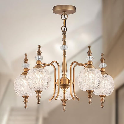 Chandeliers Vintage 5 Lights Brass Glass Pendant Lighting Fixtures Rustic Style Chandelier Matte Brushed Antique Brass Finish with Crystal Glass Shade for Kitchen Island Farmhouse