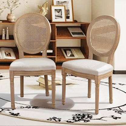 SoarFlash French Dining Chairs Set of 4, Vantage Linen Dining Chair with Round Back, Farmhouse Country Rattan Dining Chair for Living Room,Kitchen,Bedroom,Beige