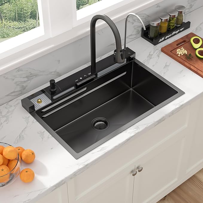 Sarlai Waterfall Kitchen Sink - 30 Inch Drop In Workstation Sink With Waterfall Black Stainless Steel 16 Gauge Multifunction Single Bowl Smart Top Mount Kitchen Sinks with Mechanical Keys 30x19 Inch