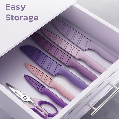 Astercook Knife Set, 13 Pieces Kitchen Knives Set with Healthy Anti-Rust Coating, Dishwasher Safe, Stainless Steel Chef Knife Sets with 6 Blade Guards, Perfect Holiday Gifts for Kitchen Purple