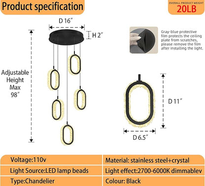 Crystal Rings Chandelier for Living Room, Dimmable Led Black Crystal Ring Chandelier High Ceiling 5-Light Oval Ring Pendant Light for Dining,Hallway, Entryway,Bedroom
