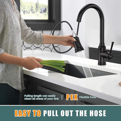 Kitchen Faucet with Pull Down Sprayer, Single Handle High Arc Utility Sink Faucet with Deck Suitable for bar for Kitchen Sink, Laundry Sink, Wet Bar or RV, Matte Black