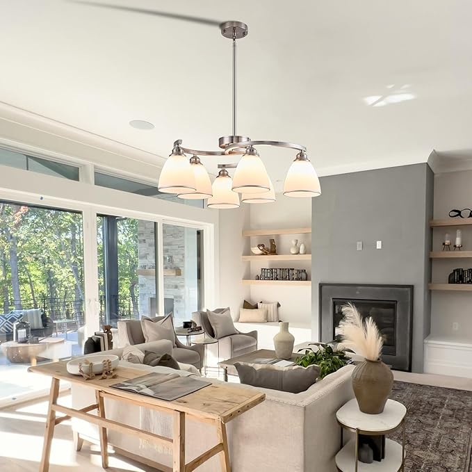 6-Light Brushed Nickel Chandelier Modern Farmhouse Dinner Room Light Fixture with Frosted Glass Lampshade, Rustic Round Adjustable Ceiling Pendant Light for Living Room, Over Table, Kitchen Island