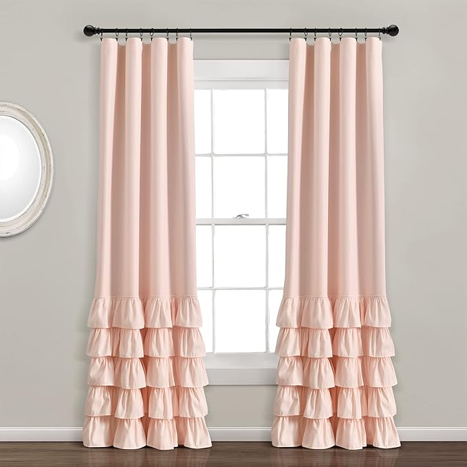 Lush Decor Allison Ruffle 100% Blackout Window Curtain Single 40" W x 84" L Blush - Pink Blackout Curtains for Bedroom or Nursery - Coquette Curtains