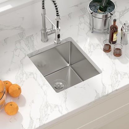 Sarlai 15 Inch Undermount Single Bowl Stainless Steel Kitchen Sink - 15" x 17" x 9.75" Deep Bowl, 16 Gauge, Brushed Finish, Basket Drain, Undermount Installation