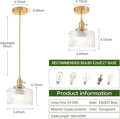 Shenmoyl Battery Operated Pendant Light 5000mAh Rechargeable Chandelier with Remote Control Wireless Adjustable Hanging Clear Striped Light for Kitchen Island Dining Room Hallway, 2 Pack