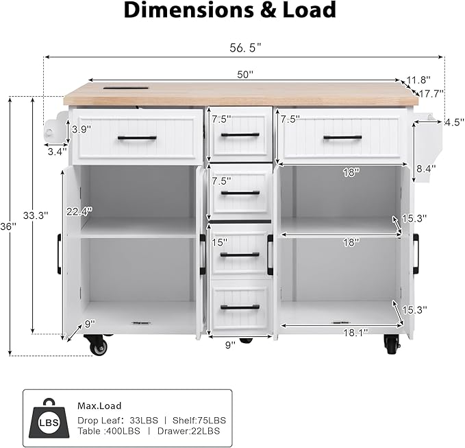 Ball & Cast 56.5" Large Kitchen Island with Drop Leaf and Power Outlet,Embossed Vertical Stripe Rolling Kitchen Cart on Wheels W/Adjustable Shelves,4 Doors & 5 Deep Drawers,for Dining Room,White