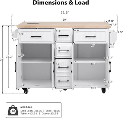 Ball & Cast 56.5" Large Kitchen Island with Drop Leaf and Power Outlet,Embossed Vertical Stripe Rolling Kitchen Cart on Wheels W/Adjustable Shelves,4 Doors & 5 Deep Drawers,for Dining Room,White