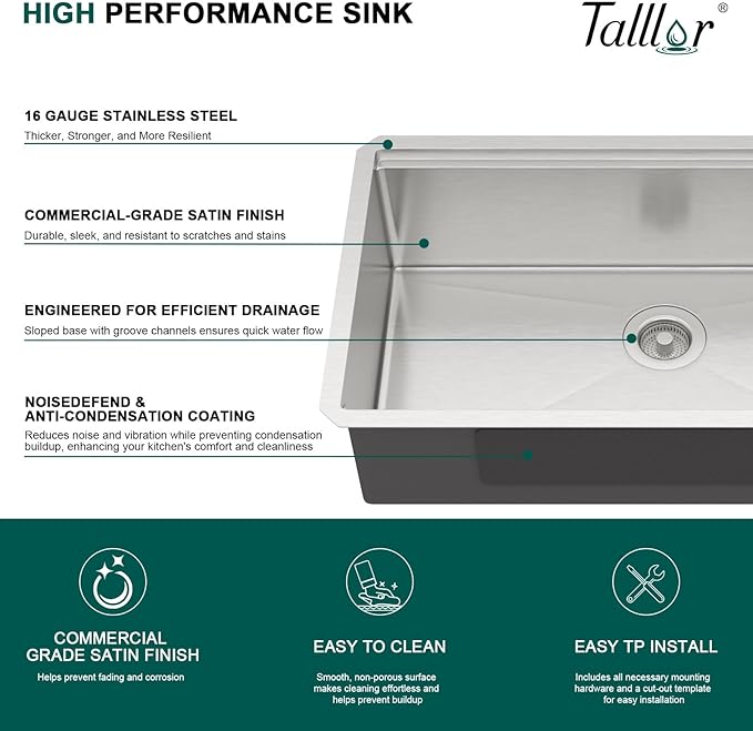 30 Inch Undermount Kitchen Sink 30x19 Workstation All-In One 16 Gauge 304 Stainless Steel Single Bowl Handmade Under Counter Sinks Basin with Accessories #TLU-0039