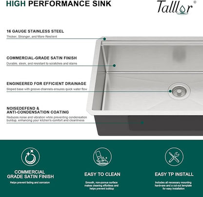 32 Undermount Kitchen Sink 16 Gauge 304 Stainless Steel Single Bowl Multifunctional 32x19 Undermount Workstation Sink with Accessories #TLU-0038