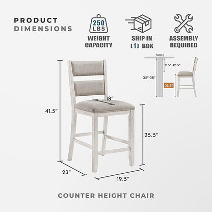 Lexicon Counter Height Chairs, Set of 2, Wooden Kitchen Chairs with Light Gray Textured Fabric Upholstered Seats and Back Rest, Counter Stools for Kitchen/Dining Room, 25.5" SH, Brushed Antique White